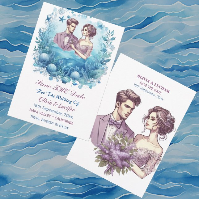 Romantische Ozeanwelle Lila Blaue Meeresmuscheln Save The Date (Romantic Ocean Wave Purple Blue Starfish Shellfish Save The Date)
