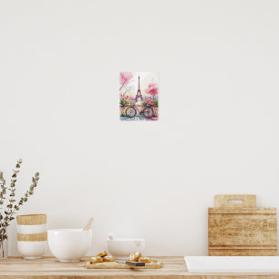 Romantische Pariser Wasserfarbe - Eiffelturm & Fah Poster