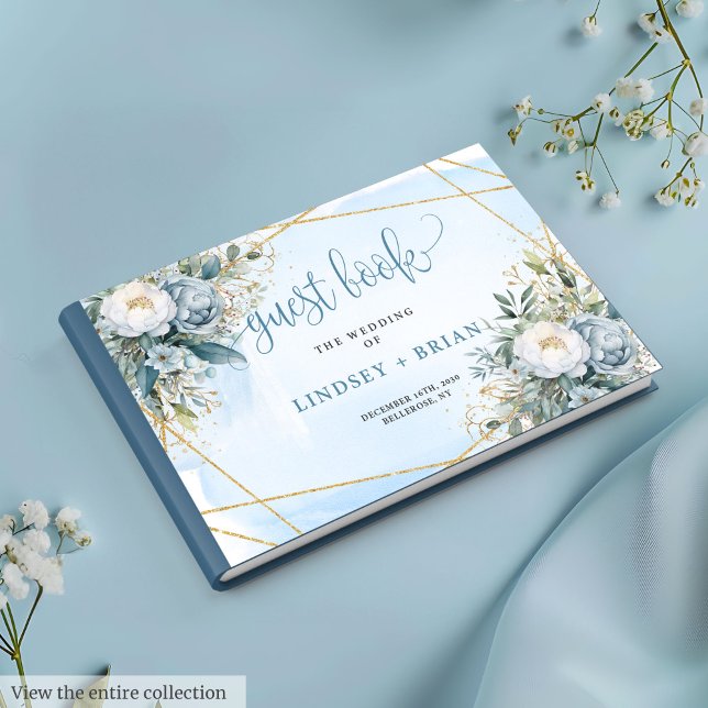 Romantische Pastel Blue White Peonies Gold Gästebu Gästebuch (Romantic Pastel Blue White Gold Peonies Guest Book)