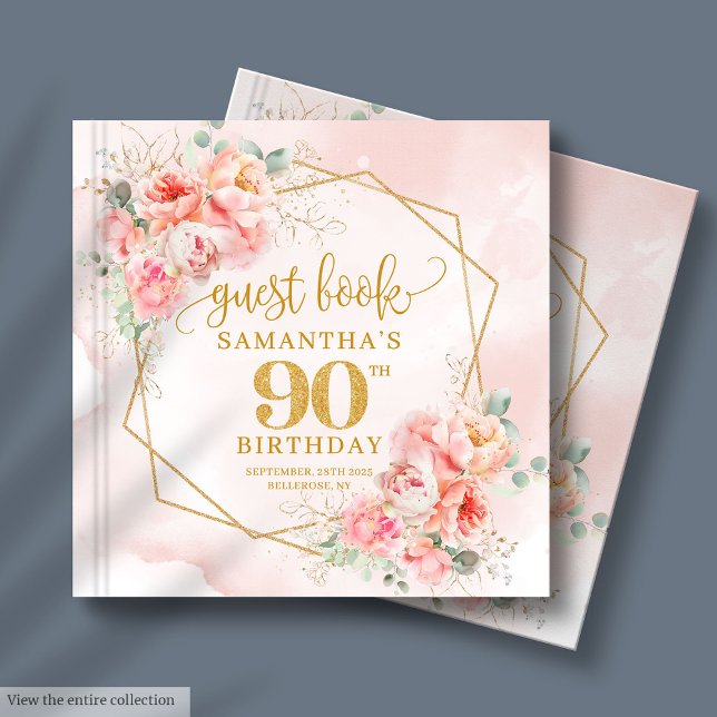 Romantische Pastel Pink Gold Peonies 90. Geburtsta Gästebuch (Romantic Pastel Pink Gold Peonies 90th Birthday Guest Book)