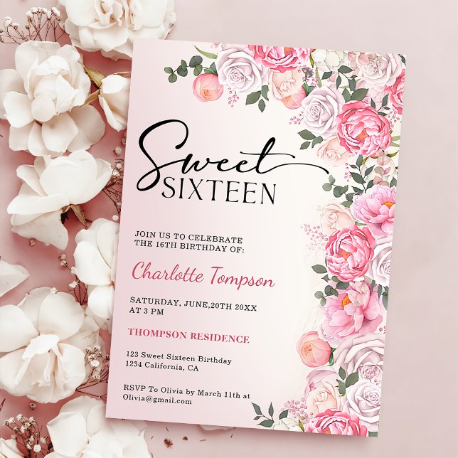 Romantische Pastel Rose Blumensüß 16 Geburtstag Einladung (Von Creator hochgeladen)