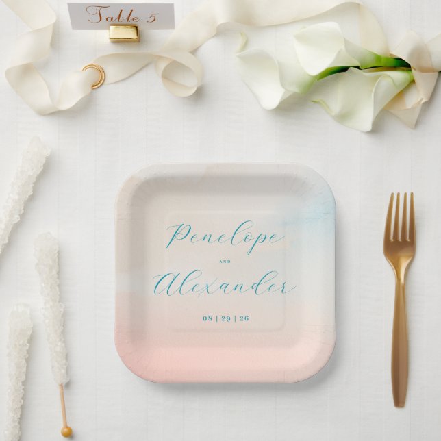 Romantische Pastell-Wasserfarben Pappteller (Hochzeit)