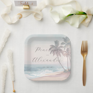 Romantische Pastell-Wasserfarben-Strandszene Pappteller