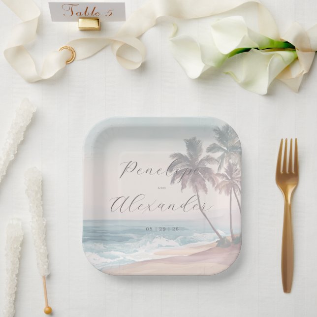 Romantische Pastell-Wasserfarben-Strandszene Pappteller (Hochzeit)