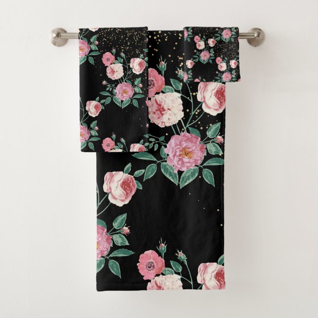 Romantische Peelingdesign mit Blumen und goldenen  Badhandtuch Set (Insitu)