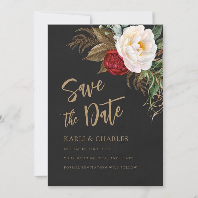 Romantische Peonies Black & Gold Boho Script Save The Date (Vorderseite)