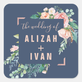 Romantische Peonies | Blue Wedding Umschlag Aufkle Quadratischer Aufkleber
