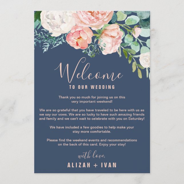 Romantische Peonies | Blue Welcome Letter & Itiner Programm (Vorderseite)