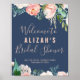 Romantische Peony Blume Blaues Brautparty Willkomm Poster (Vorne)