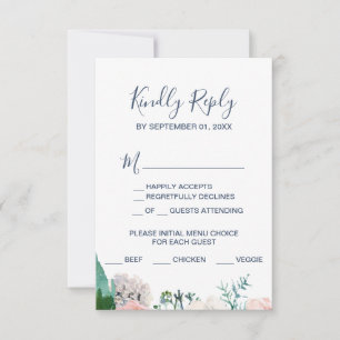 Romantische Peony Blume Blaues Menü Auswahl RSVP K Karte