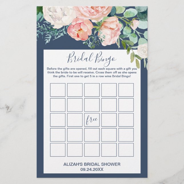 Romantische Peony-Blume | Blue Bridal Bingo Game Flyer (Vorne)