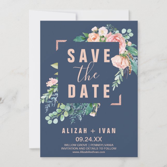 Romantische Peony-Blume | Blue Save the Date Card (Vorderseite)