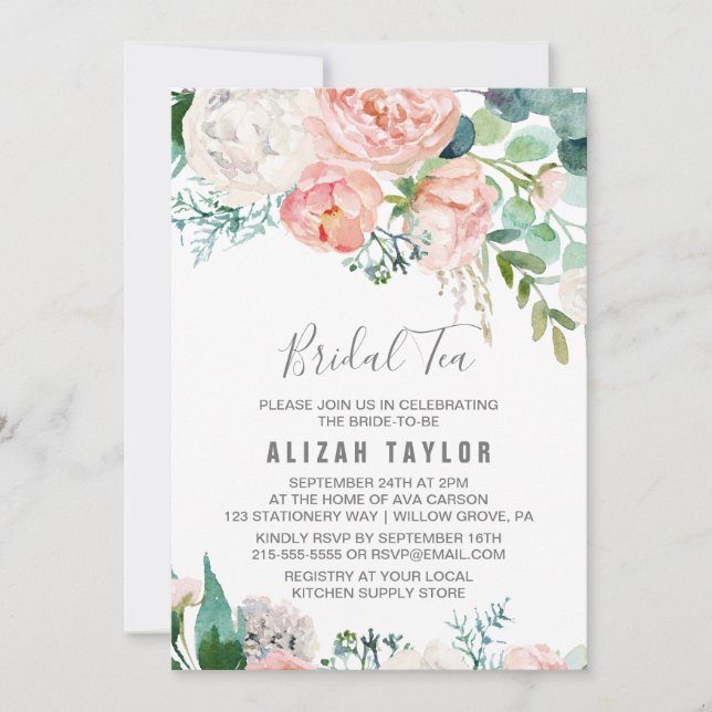Romantische Peony Blume Bridal Tea Einladung (Vorderseite)