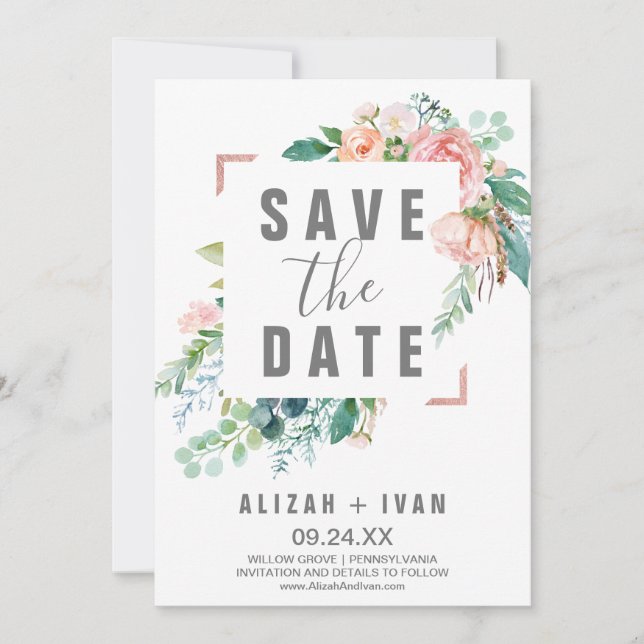 Romantische Peony-Blume Save the Date Karte (Vorderseite)