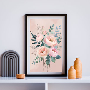 Romantische Peony & Fern Watercolor Mauer I Poster