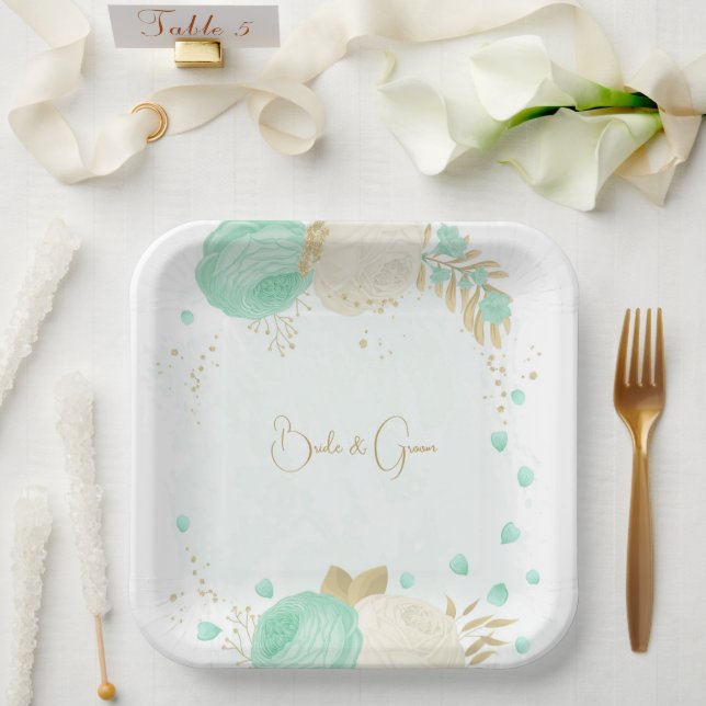 Romantische Pfefferminze, grün-weiße Blume Gold Pappteller (Hochzeit)