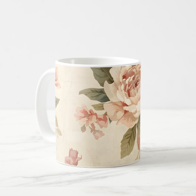 Romantische Pfingstrose & Rose Alter Garten Kaffeetasse (Vorderseite Links)