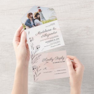 Romantische Pfirsich & grau florale Elegante Hochz All In One Einladung