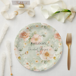 Romantische Pfirsich-Minz-Rosen Florale Hochzeitsd Pappteller