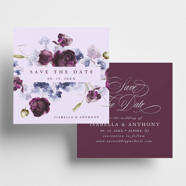 Romantische Pflaumenhochzeit Lila & Indigoflora Save The Date (Front & Back)