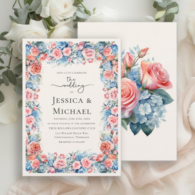 Romantische Pink Blue Watercolor Blumenhochzeit Einladung (Elegant pink and blue floral wedding invitation)