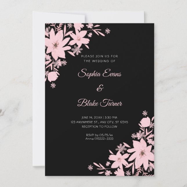 Romantische Pink-Blume Bloral Black Wedding Einladung (Vorderseite)