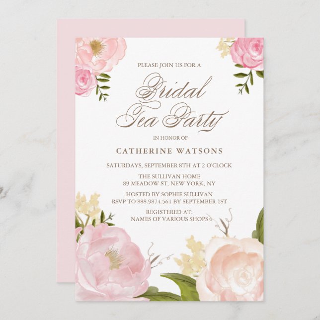 Romantische Pink Blume Bridal Teezeremonie Party Einladung (Vorne/Hinten)