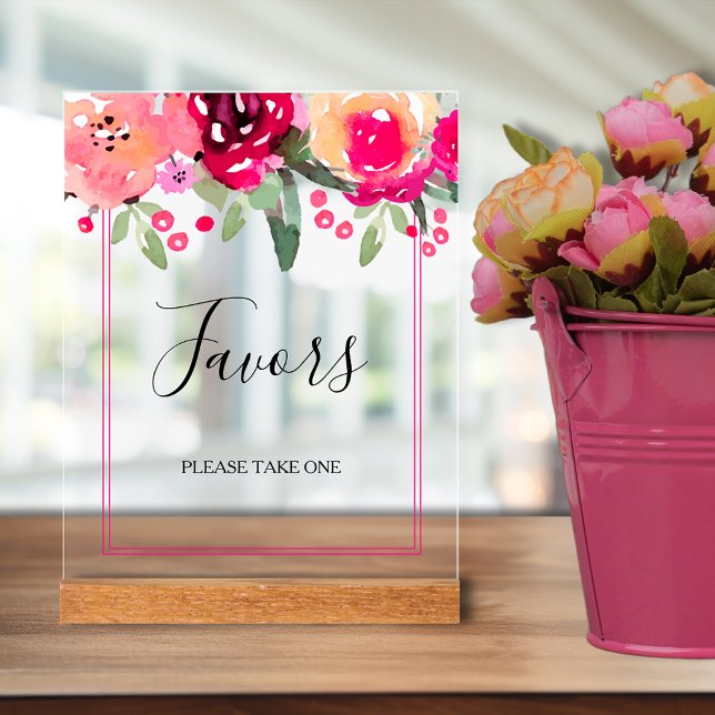 Romantische Pink-Brautparty-Favoriten Acrylschild (Romantic pink watercolor flowers bridal shower favors tabletop acrylic sign)