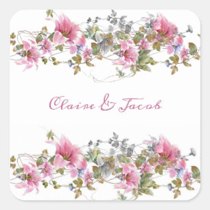 Romantische Pink-Floral-Aquarellschrift Quadratischer Aufkleber