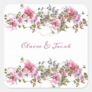 Romantische Pink-Floral-Aquarellschrift Quadratischer Aufkleber