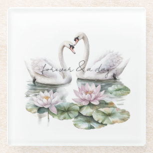 Romantische Pink Lotus Floral Swans Hochzeit Glasuntersetzer