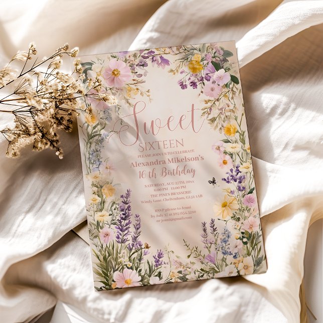 Romantische Pink Pastel Wildblumen Sweet 16 Invita Einladung (Von Creator hochgeladen)