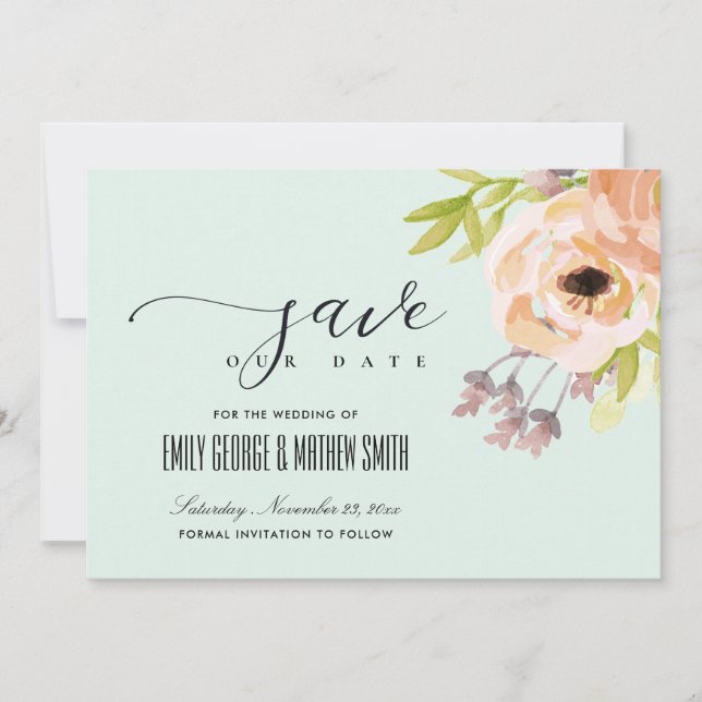 ROMANTISCHE PINK PEACH BLUSH LILA SKLAU BLUE FLORA SAVE THE DATE (Vorderseite)