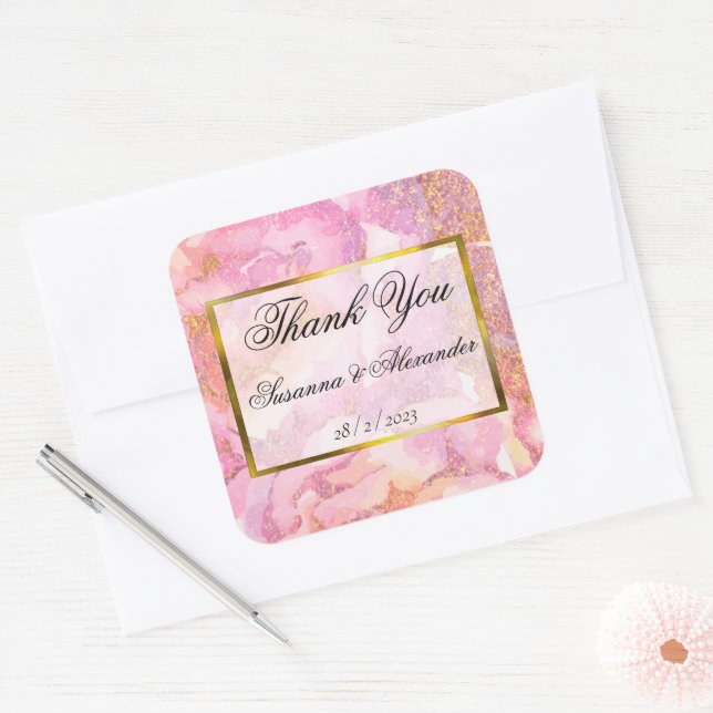 Romantische Pink Watercolor Rose Hochzeit Vielen D Quadratischer Aufkleber (Umschlag)