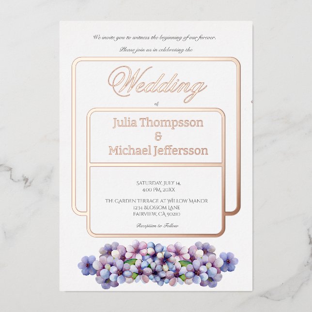 Romantische Poetic Lilac Hochzeit der Flora Folieneinladung (Vorderseite)