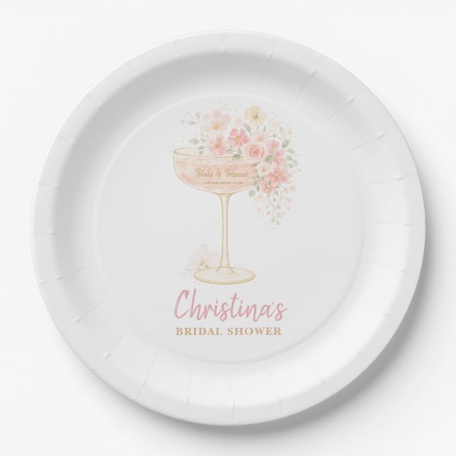 Romantische Prosecco- & Blumen-Brautparty Pappteller (Vorderseite)