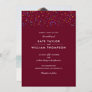 Romantische Rainbow Confetti Burgundy Foto Wedding Einladung