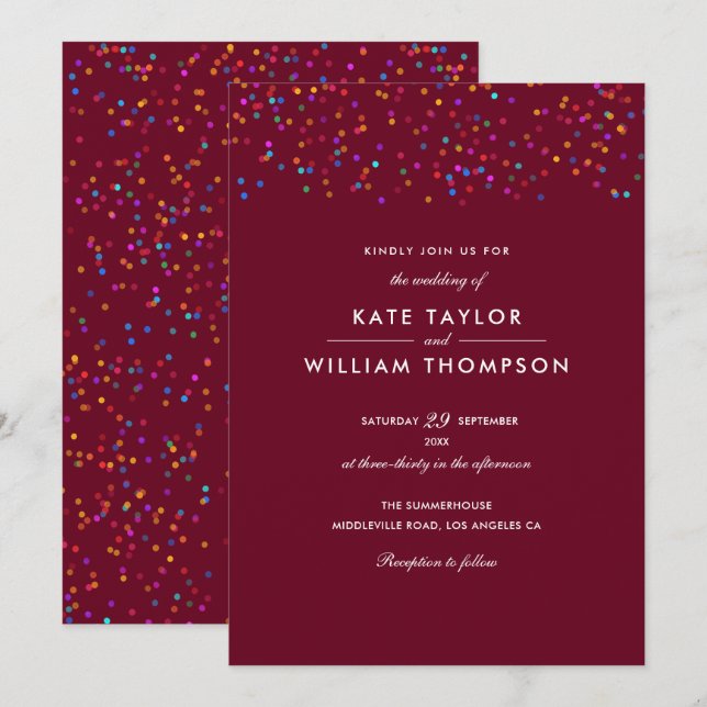 Romantische Rainbow Confetti Burgundy Wedding Einladung (Vorne/Hinten)