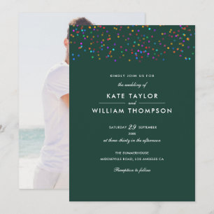 Romantische Rainbow Confetti Emerald Foto Wedding Einladung