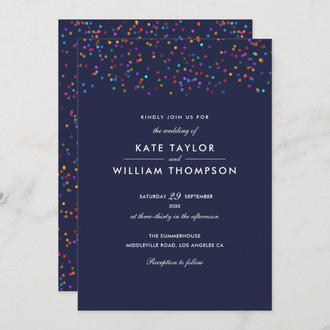 Romantische Rainbow Confetti Navy Blue Wedding Einladung (Vorne/Hinten)