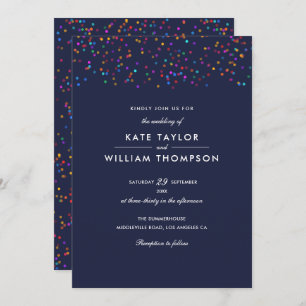 Romantische Rainbow Confetti Navy Blue Wedding Einladung