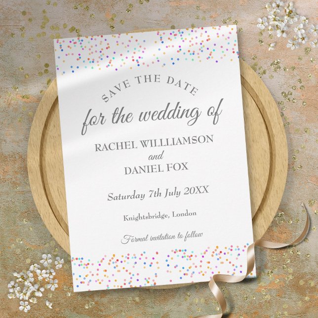 Romantische Rainbow Confetti Wedding Save The Date (Romantic Rainbow Confetti Wedding Save The Date)