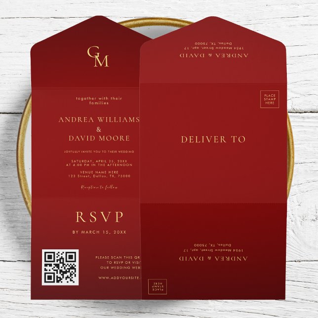 Romantische Red and Gold Monogram QR-Hochzeit All In One Einladung (Von Creator hochgeladen)