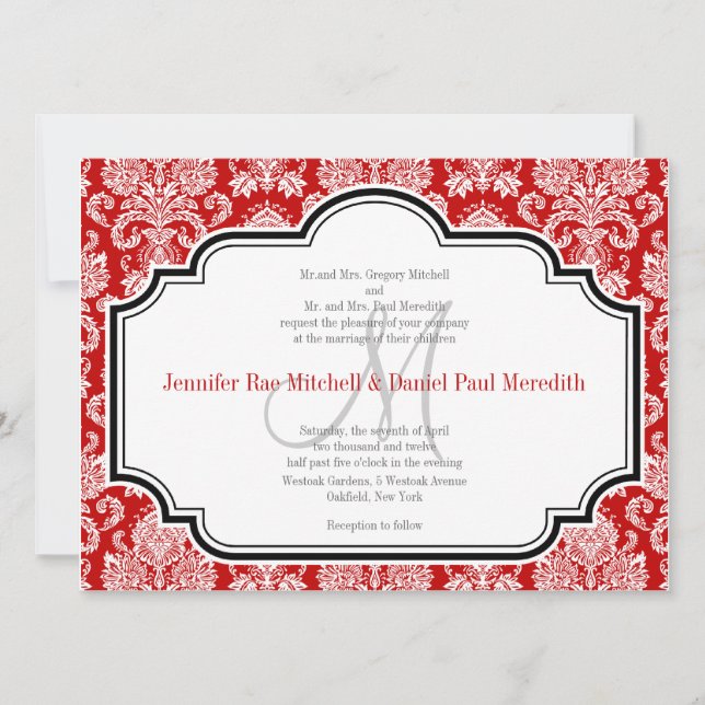 Romantische Red Damask Schwarz-weiße Hochzeitseinl Einladung (Vorderseite)