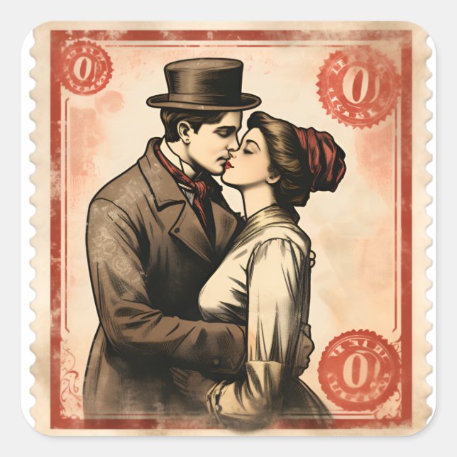 Romantische Retro-Briefmarke-Sticker Quadratischer Aufkleber (Vorderseite)
