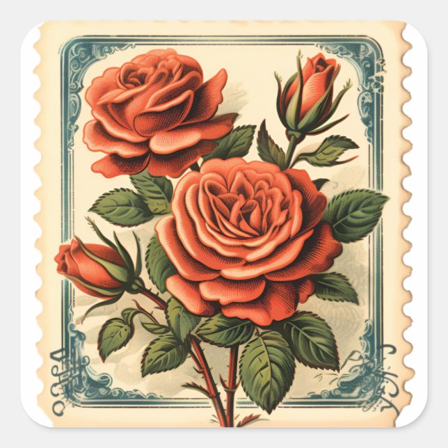 Romantische Retro-Briefmarke-Sticker Quadratischer Aufkleber (Vorderseite)