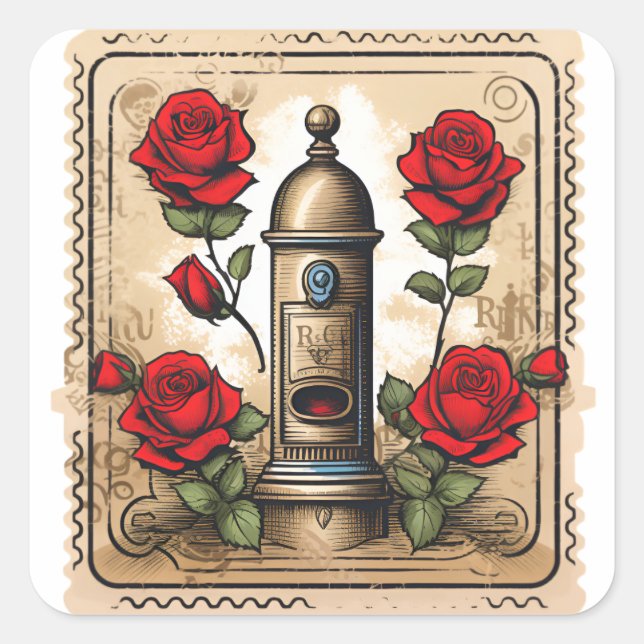 Romantische Retro-Briefmarke-Sticker Quadratischer Aufkleber (Vorderseite)