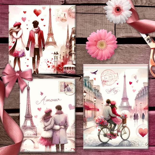 Romantische Retro Paris Liebe Rosa Geschenkpapier Set (Wrapping paper featuring elegant retro watercolor designs with a romantic couple in Paris)