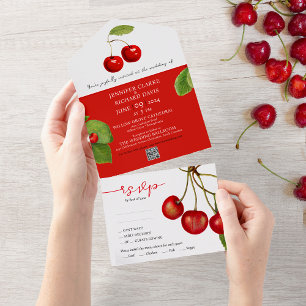Romantische Retro Red White Cherry Frucht QR Hochz All In One Einladung