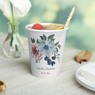 Romantische rosa blaue Blumen Grün Pappbecher